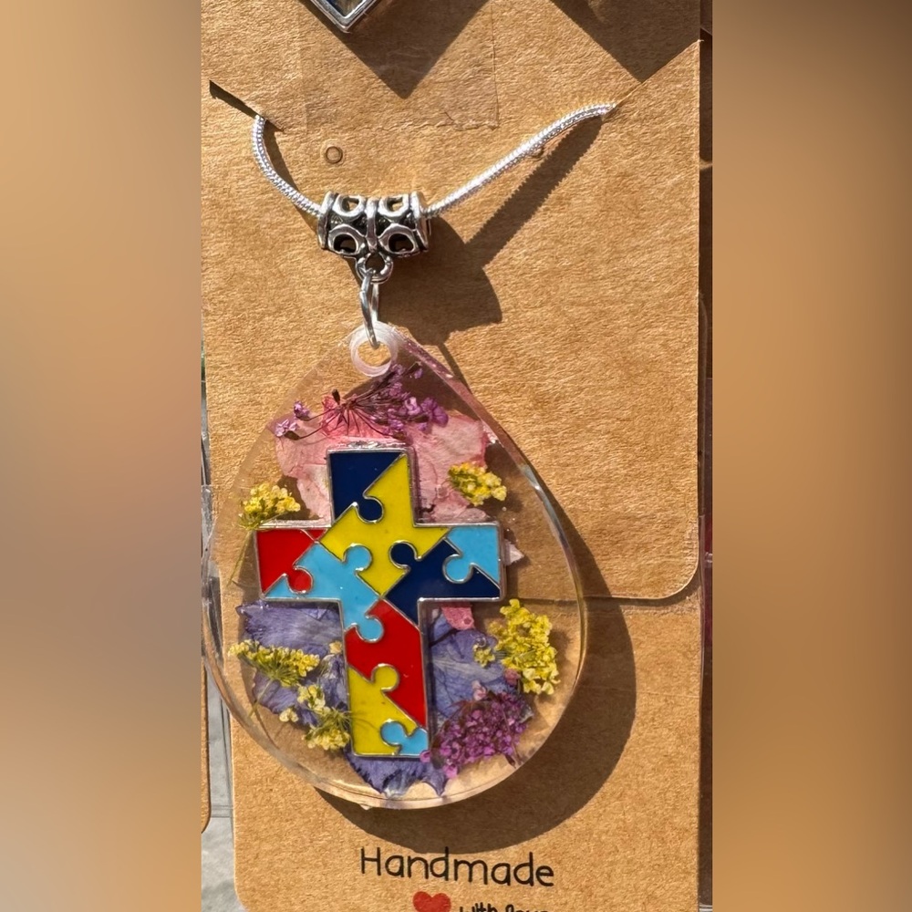 Autism Awareness Resin Teardrop Pendant With Dried Flowers & Autism Cros…